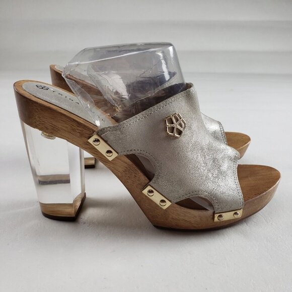 Trina Turk Palm Springs Lucite Heel Womens 9 Silver Wooden Slip On Platform Shoe - Picture 3 of 13